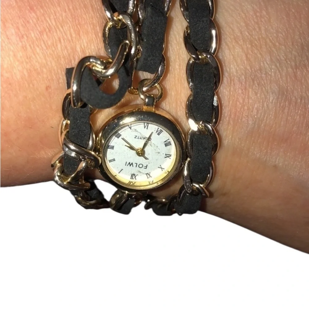 Quartz Black chain Wrap Watch gold and suede w/ lobster clasp